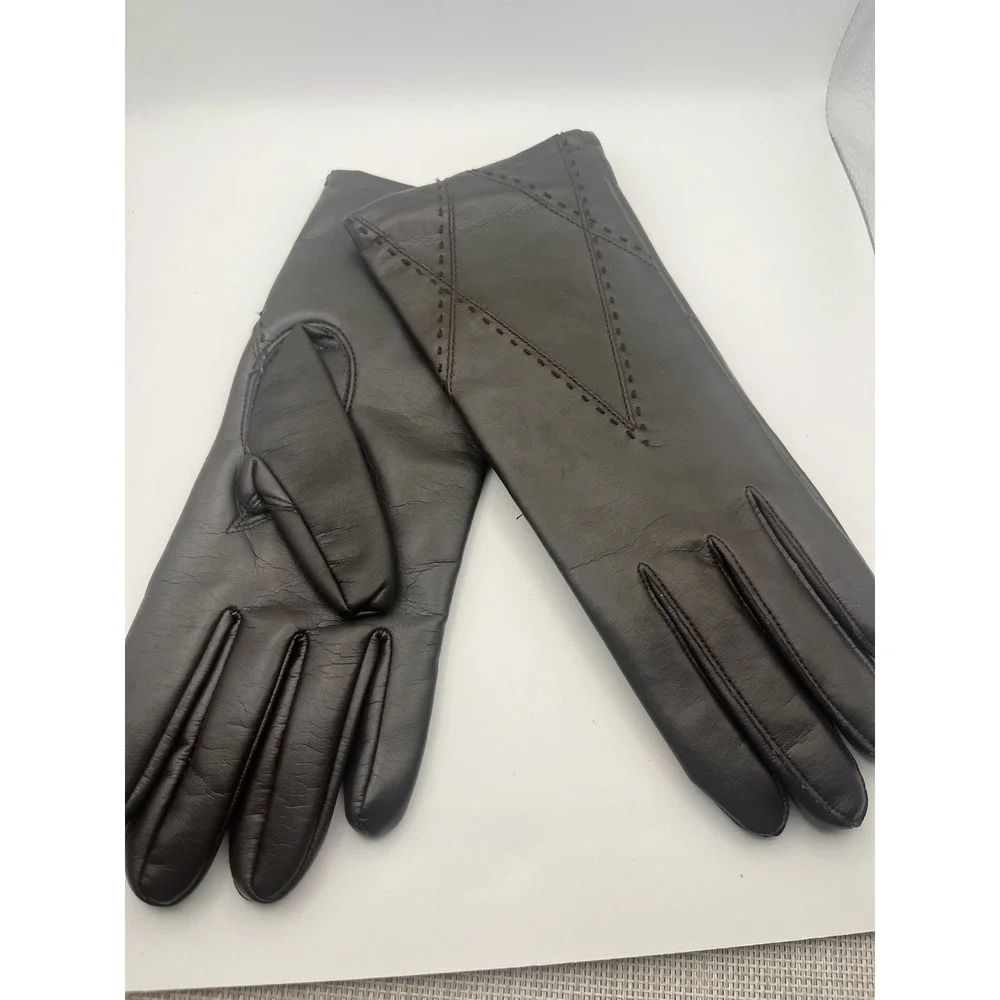 Vintage Womens Brown Leather Gloves Geometric Stitched Lined Winter Dress Gloves